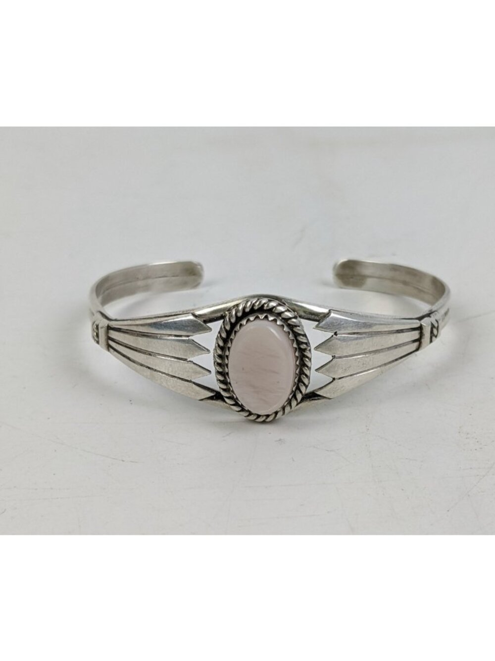 Vintage Sterling Silver Cuff Bracelet Mother of Pearl Cabochon Mid Century